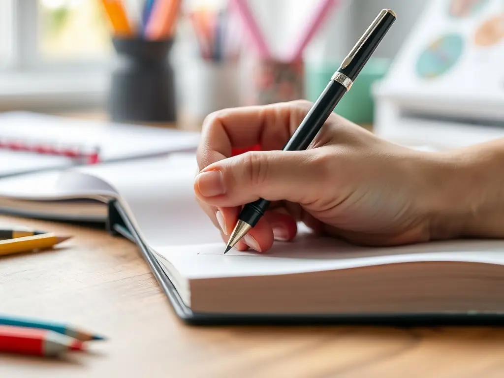 A hand holding a pen and writing on a notepad, with social media icons in the background, symbolizing social media management and content creation.
