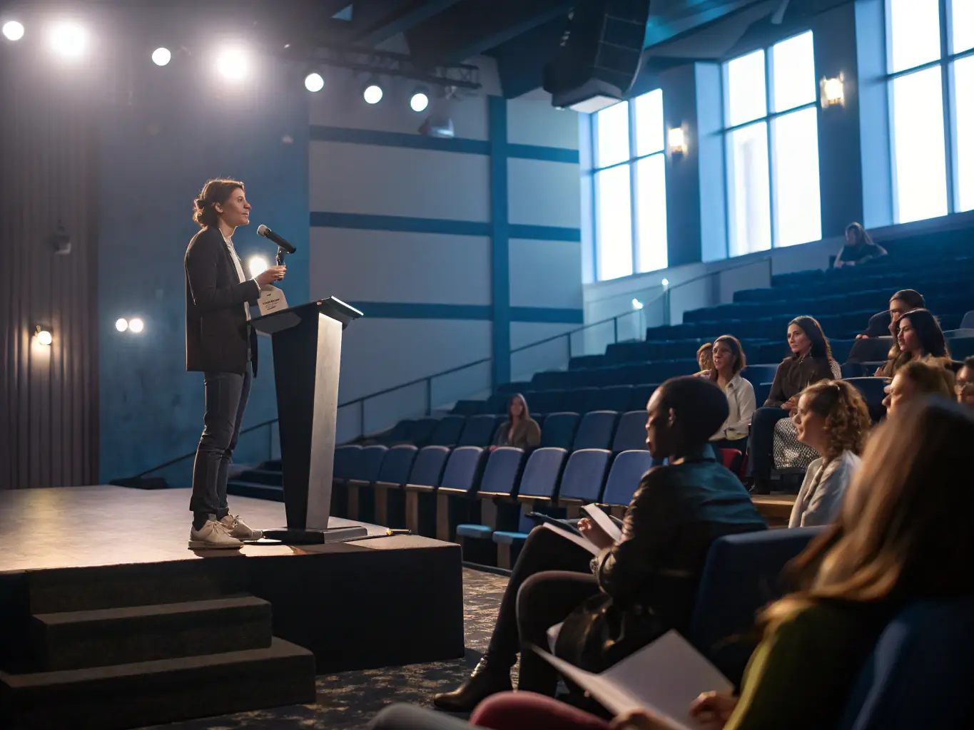 A person delivering a speech confidently on a stage, representing speech writing services.